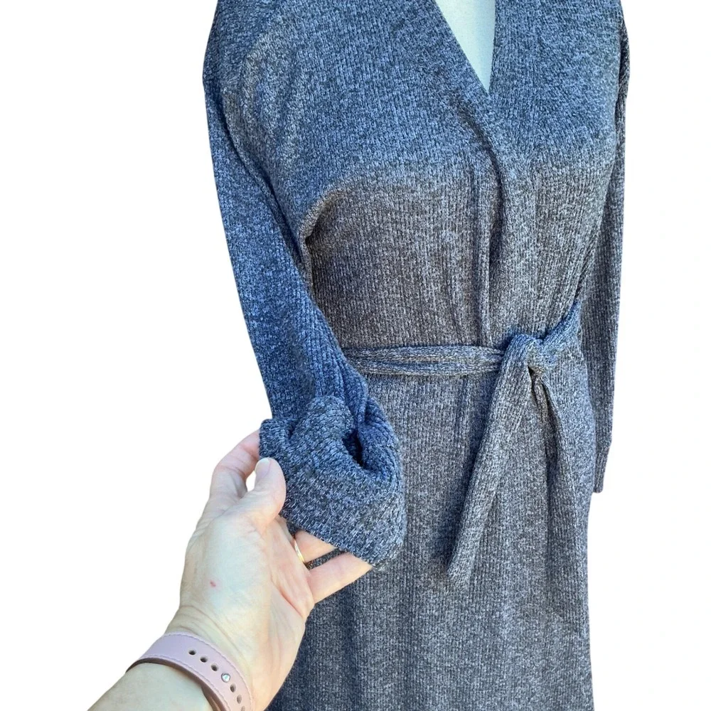 Lands End Robe Womens M Gray Ribbed‎ Knit Tie Waist Cozy Loungewear Minimalist